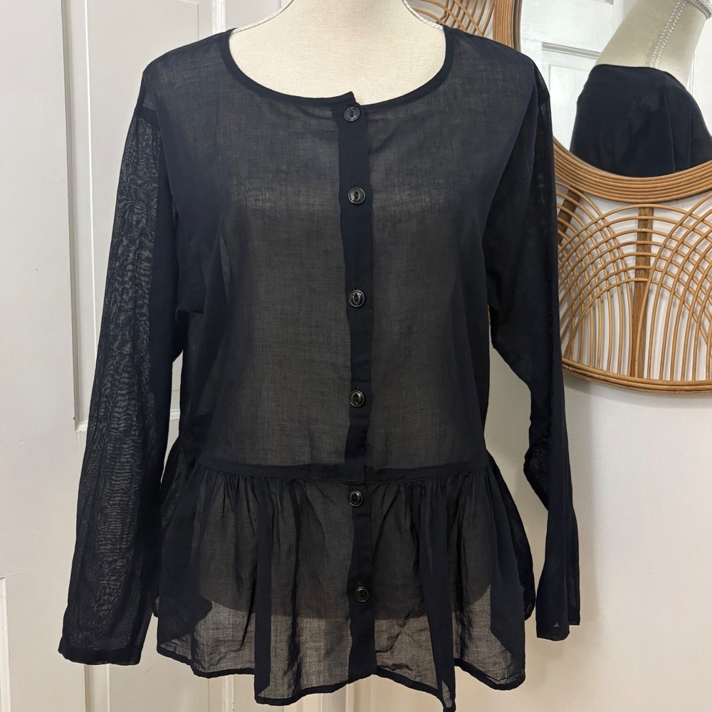 VTG Esprit Sport Sheer Black Peplum Blouse M Victorian Gothic Y2K Whimsigoth Top